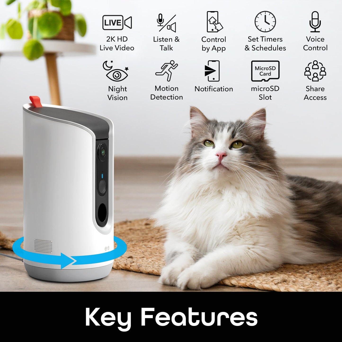 Geeni Pet Treat Dispenser with Camera - 2K HD WiFi Enabled, Dog and Cat Automatic Smart Feeder, Two-Way Audio, Night Vision, Auto-Follow, Remote Access with App, Alexa and Google Compatible, White