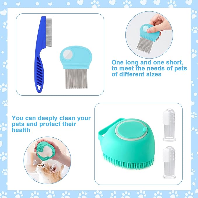 VCZONE 8 Pcs Cat Brush Grooming Kits, Pet Self Cleaning Kit with Pet Nail Clipper and File, Flea Comb, Pet Shampoo Bath Brush, Pet Shedding Brush, Silicone Toothbrush (Blue)