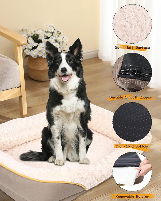Washable Orthopedic Dog Bed for Medium Dogs, Waterproof Dog Bed with Bolster, Big Couch Sofa with Removable Cover & Non-Slip Bottom