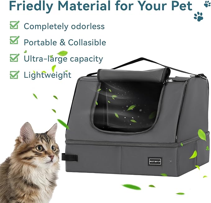 PETSFIT Portable Cat Litter Box - Removable 2-Layer Leak-Proof Lining, Scratch-Resistant Fabric with Sturdy Support Frame, Travel & Collapsible Cat Litter Box Grey
