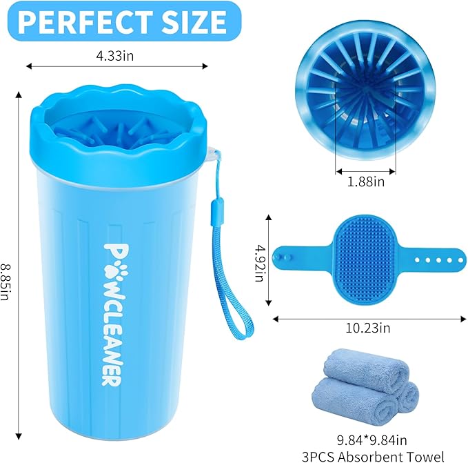 Comotech Dog Paw Cleaner with Bath Brush & Absorbent Towels - Adjustable Ring Handle for Long and Short-Haired Dogs (Large, Blue)