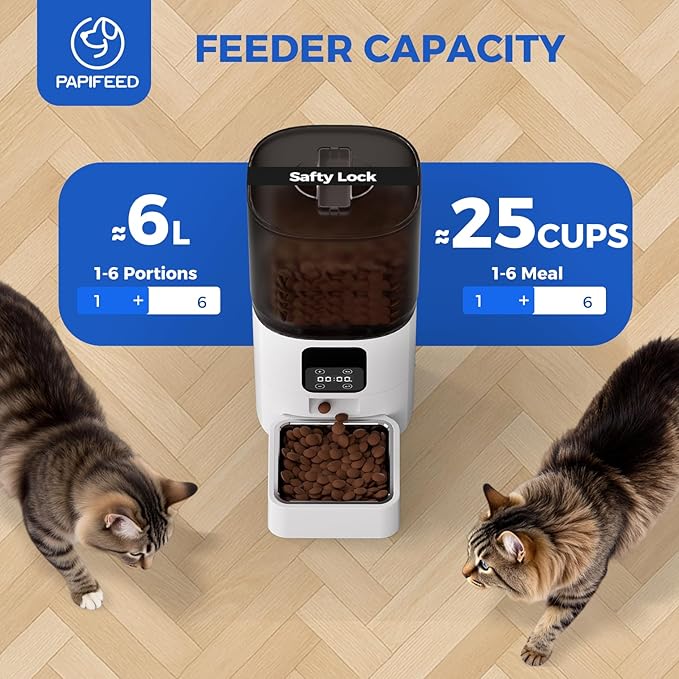 PAPIFEED 6L Automatic Cat & Small Dog Feeder - Programmable Pet Feeder with 36 Daily Meals, Detachable Stainless Steel Bowl, 25 Cup Capacity Smart Food Dispenser for Easy Cleaning