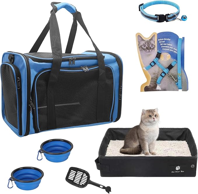 Cat Carrier Soft-Sided & Foldable Cat Travel Litter Box, Fit for Pet Up to 20Lbs, 17.7' * 11.8 * 11.8 inches Cat Bag for Traveling & Camping， Cat Travel Carrier Kit