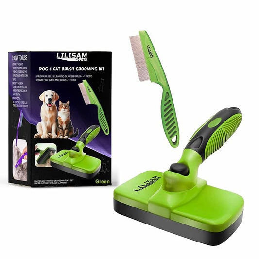 Pet Self Cleaning Slicker Brush and Grooming Comb - Gently Removes Loose Hair, Tangles, and Dirt - Skin Friendly Deshedding Grooming Tool for Hair Dogs & Cats - Pet Supplies Accessories (Green)