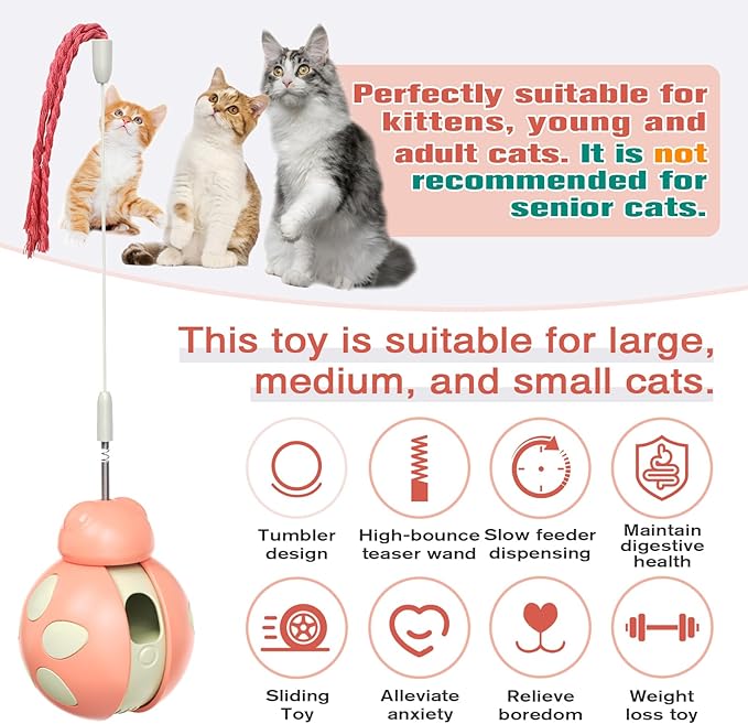 Cat Puzzle Toys,Slow Feed Dispensing Cat Toy with Cat Teaser Wand,Never-Knockover Wobble Design, Health Benefits and Weight Loss (Pink)