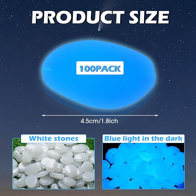 100 Pcs Glow in The Dark Rocks Glow in The Dark Pebbles Outdoor Fish Tank Rocks Aquarium Gravel Luminous Stones for Walkway Succulent Plant Halloween Decor(1.8 Inch,White)