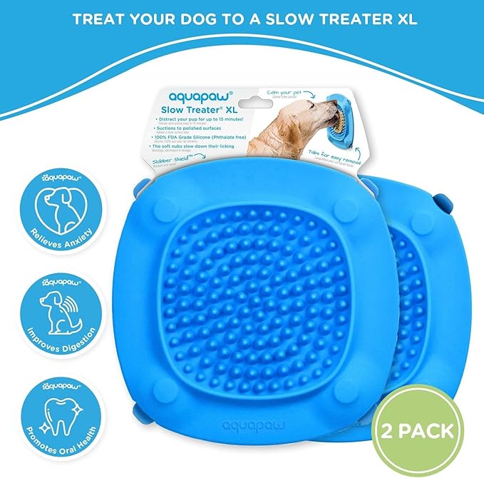 Aquapaw Dog Bath Lick Mat - 2-Pack, XL, Blue - Slow Feeder Mat & Dog Treat Container with Suction Cup - Shower Peanut Butter Holder & Bathing Distraction Aid