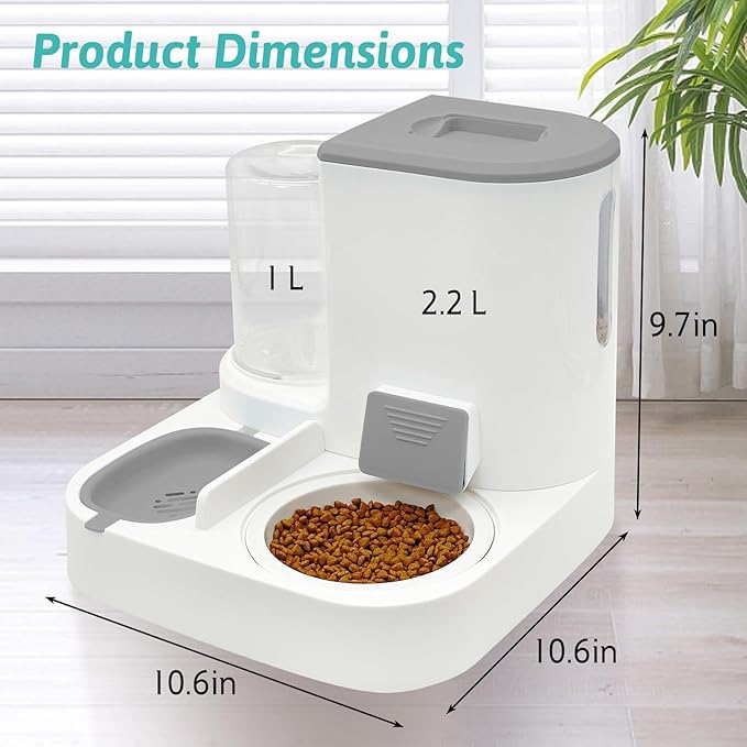 Fhiny Gravity Cat Feeder and Water Dispenser, 2 in 1 Automatic Pet Waterer Detachable Ceramic Food Bowls Set Pet Food Storage for Small Dog Puppy Cat Kitten Pet Easy Clean (Grey)
