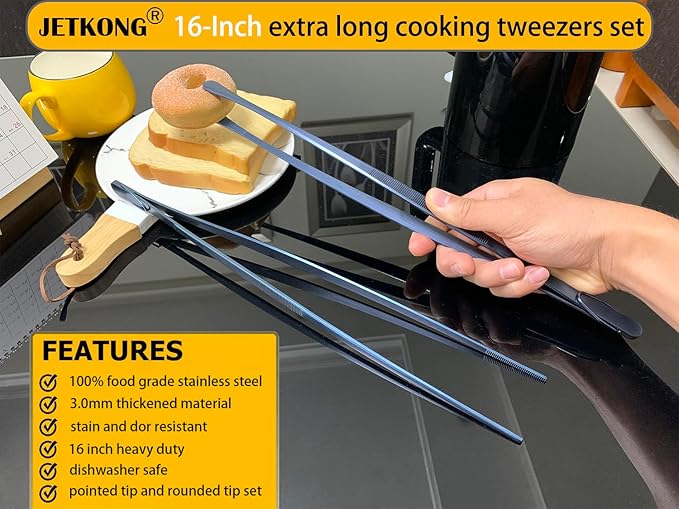 JETKONG 2 Pcs 16-Inch Heavy Duty Cooking Tweezers Extra Long Stainless Steel Kitchen Tweezers Large Plating Tongs (Navy Blue)