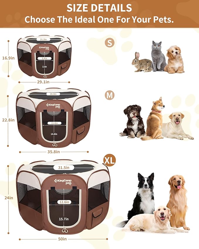 KingCamp Dog Playpen, Portable Foldable Cat Kitten Puppy Tent Crates 29"/36"/50" Pop Up Pet Playpen with Zippered Bottom & Cover for Indoor Outdoor Use (X-Large, Khaki)