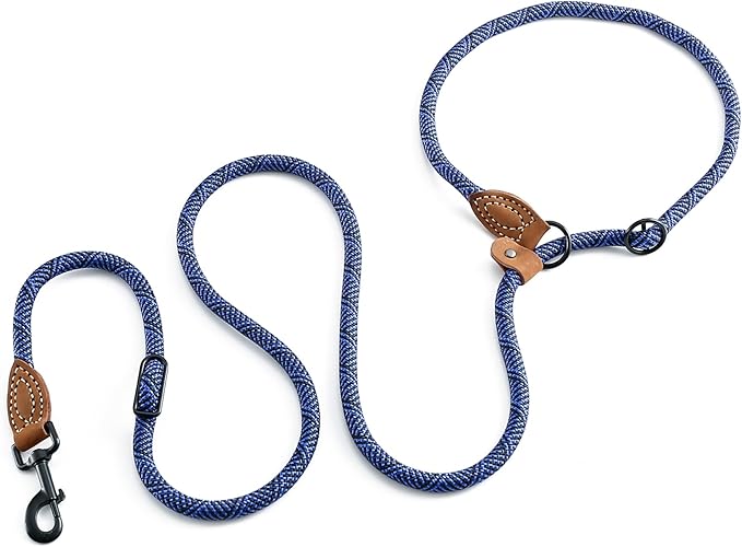 Mile High Life Hands Free Dog Leash, Crossbody Waist Leash with Genuine Leather Connection, Multifunctional Adjustable Slip Lead for Dog Walking Running (Blue, 8FT)
