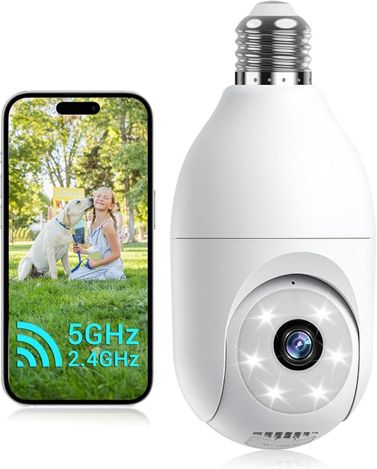 Light Bulb Security Camera Wireless Outdoor Indoor, 5G&2.4G WiFi Security Cameras with Patrol Function, AI Human Detection, Motion Tracking, Two-Way Talk, Color Night Vision, Alarm, 24/7 Recording