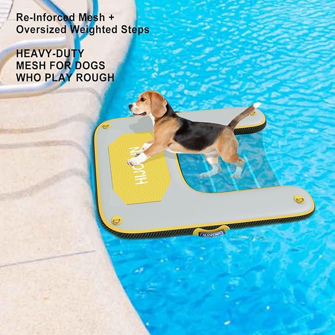 Inflatable Dog Water Ramp with Non-Slip Steps & D-Rings–180 lbs Capacity,47.2"x37.4"x4", Portable Floating Ladder for Pool, Boat, Lake – Yellow