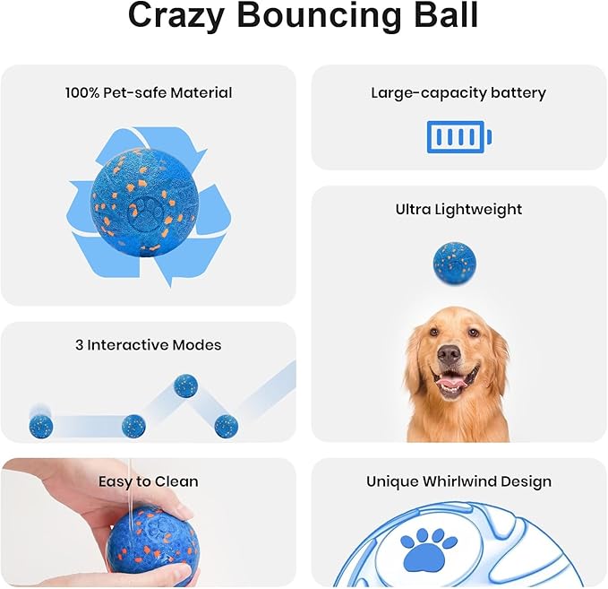 Upgraded Smart Interactive Dog Toys: 3 Interactive Modes Vibrating Ball with E-TPU Material, IPX7 Waterproof, Self-Moving/Bouncing/Rotating Ball for Medium/Large Dogs