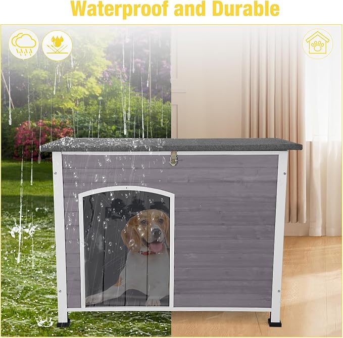 Insulated Wooden Dog Kennel Dog House with PVC Curtain and Removable Floor for Easy Cleaning (Large)