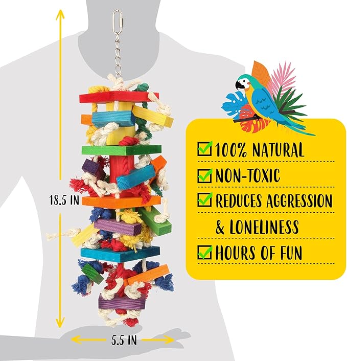 GATMAHE Macaw Toys, Extra Large Parrot Toys, Bird Toys for Parrots African Grey, Amazon Parrots, Parakeet Natural Wooden Block Toy for Climbing, Chewing, Unraveling and Preening (Large)