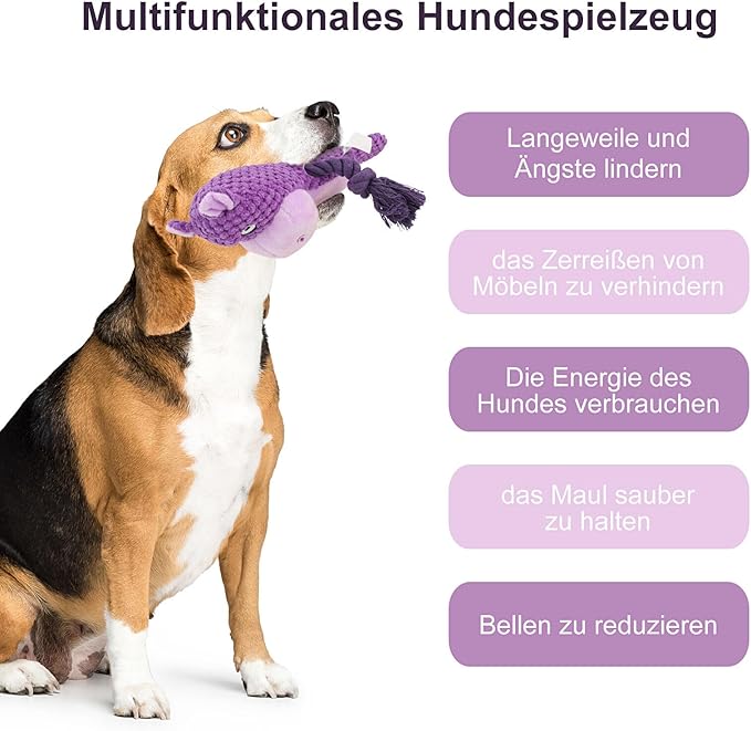 Dog Toys, Dog Squeaker Toys with Crinkle Paper, Stuffed Animal Dog Plush Chewing Toy, Cotton Rope Interactive Toys for Puppy, Small, Middle Dogs (Purple Hippo)