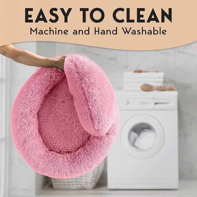 PetJett Calming Large Dog Bed - 36'' Donut Dog Beds, Anti-Slip & Washable Large Round Bed, Fluffy Faux Fur Pet Bed, Super Soft Anti-Anxiety Premium Comfort Bed, Fits Dogs up to 100 lbs - Pink