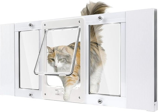 Full-Size Window Pet Door for Cats & Small Dogs, Width Adjustable Fits Sliding Windows, 10-Min Install, Aluminum Frame, HD High-Transparency Glass, Weatherproof Design, Magnetic Close