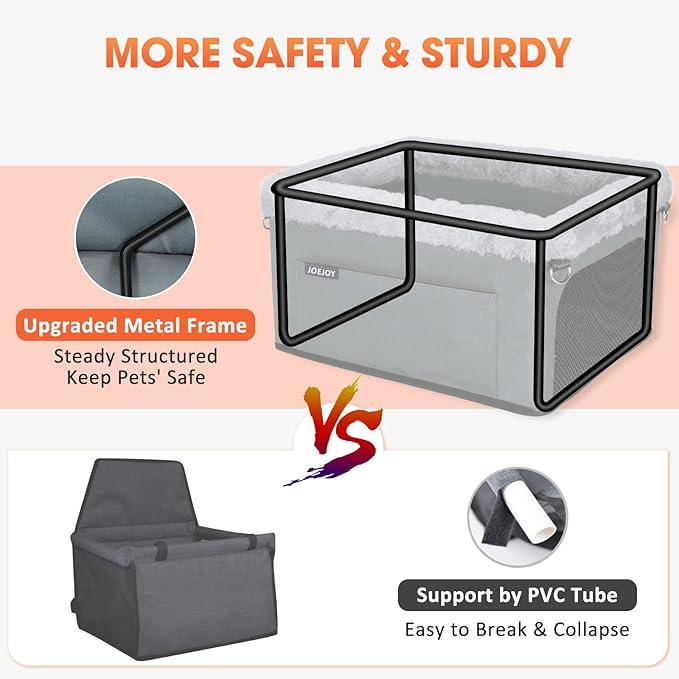 JOEJOY Deluxe Dog Booster Seat with Sturdy Metal Frame and Safety Leash for Small Pets up to 20 lbs - Portable Puppy Dog Car Seat with Thick Cushion and Storage Pockets for Small Dogs