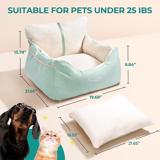 BurgeonNest Dog Car Seat for Small Dogs, Detachable and Washable Cat Carseats Under 25 lbs, Soft Pet Booster Seats with Storage Pockets and Clip-On Leash Portable Car Travel Carrier Bed, Beige Green