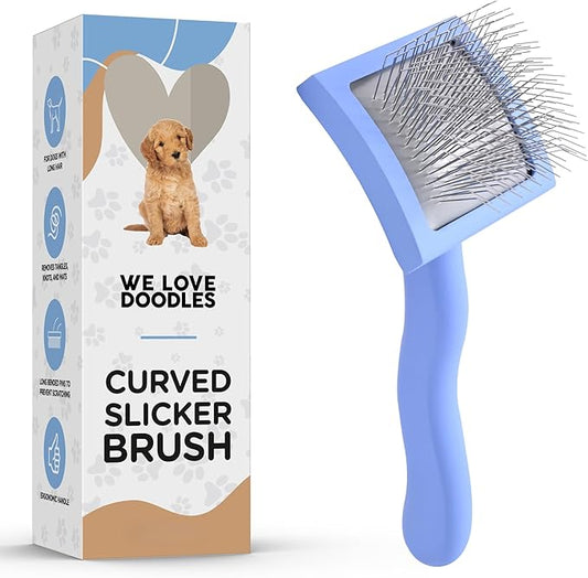 Slicker Brush for Dogs, Dog Grooming Supplies - Best Doodle & Poodle Brush for Long Haired Dogs - Goldendoodle Long Pin Detangler For Dematting (Small Curved)