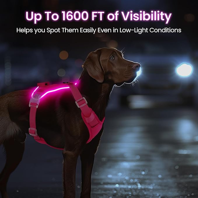 Light Up Dog Harness,Reflective Pet Harness Rechargeable,Led Dog Vest Harness for Night Walking,Adjustable Dog Safety Vest for Small Medium Large Dogs-No Pull,Pink,XL