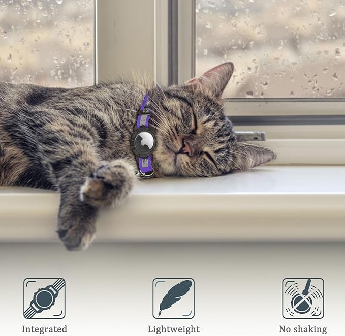 Reflective AirTag Cat Collar, Integrated Cat Tracker Collar with Air Tag Holder and Bell, Safety Elastic Band Cat GPS Collars for Girl Boy Cats, Kittens and Puppies (Purple, XS)