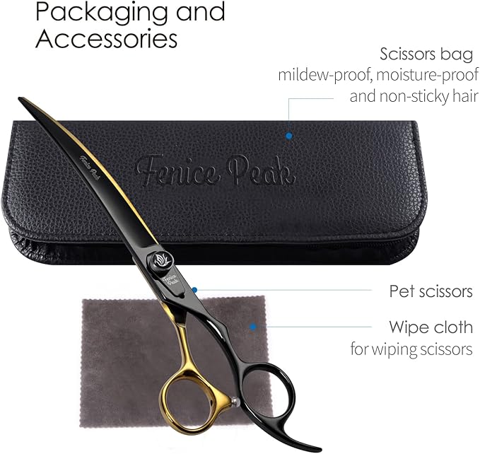 Fenice Peak 8'' Black Dog Grooming Scissors Goldern Curved Scissors with Ergonomic Offest Handle and Pattern Screw Pet Grooming Trimming Shears Durable and Sharp 440C