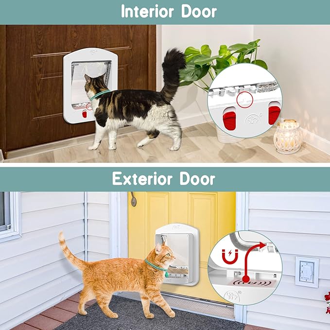 HIDROSIL Cat Door with Collar Sensor, Pet Door with Magnetic Keys and 2 Sensor Keys, 4 Locking Ways, Suitable for Interior/Exterior Use, White Frame 11.5 x 9 x 1.5 inches