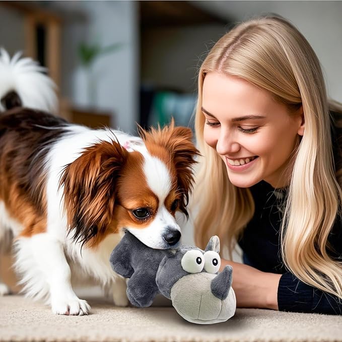 Squeaky Dog Toy Cute Chew Toys with Crinkle Paper Durable Hours of Fun for Small Puppy Middle and Large Dogs Stuffed Toys Rhinoceros