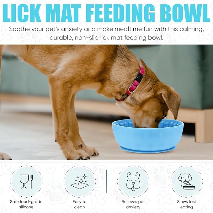 Lick Mat Bowl for Dog–Easy-to-Clean, Non-Slip Design BPA-Free Silicone Lick Mat–Great for Yogurt, or Peanut Butter–Fun Enrichment Slow Feeder & Interactive Dog Toy for Anxiety and Boredom Relief–Blue