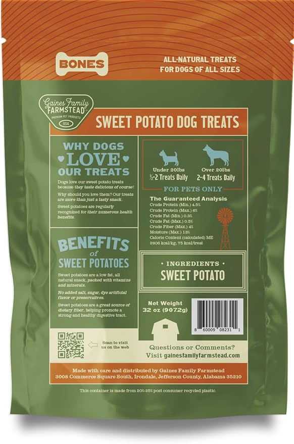 Gaines Family Farmstead Sweet Potato Dog Bones – 14 oz Bag, All-Natural, Single Ingredient, Grain-Free Dog Treats for Digestive Health, High Fiber - Training & Rewards, Made in USA
