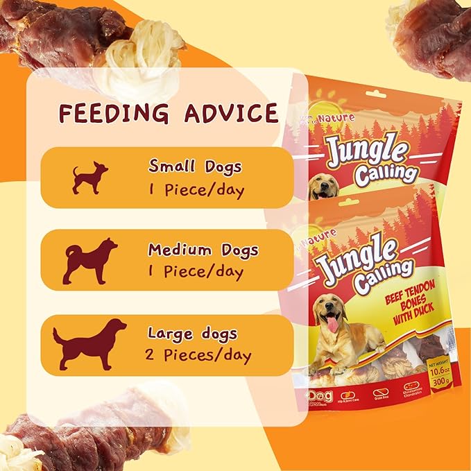 Jungle Calling Beef Tendons for Dogs, Duck Wrapped Tendons Dog Chews Long Lasting Hip and Joint Supplement for Dogs with Glucosamine (Knotted Bone)