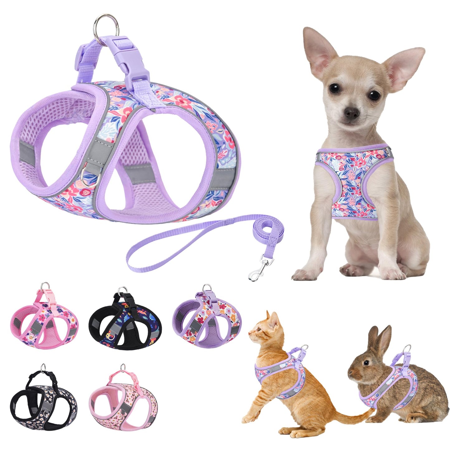 KocaPlye Small Dog Harness Purple Flowers No Pull Reflective Step in Vest Harness Mesh Padded Soft Harness for Small Medium Dogs Cats