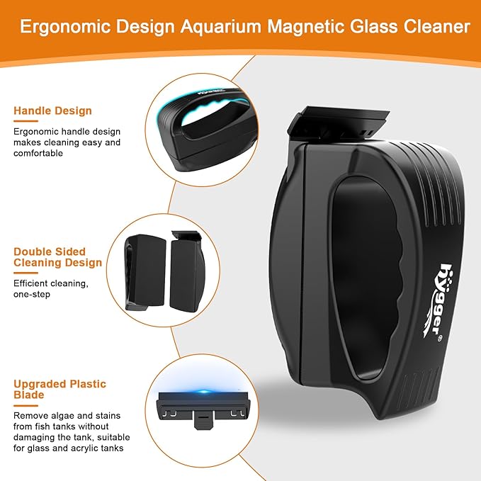hygger Aquarium Strong Magnetic Glass Cleaner, Professional Fish Tank Algae Magnet Cleaning Tool with Scraper for 0.3-0.47 Inch Thick Glass Freshwater and Saltwater Tank, L