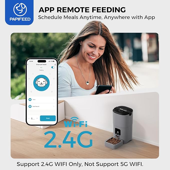 PAPIFEED Automatic Cat Feeder Upgrade, Smart Cat Feeder 6L - APP/Alexa Control, Dual Power Supply, Anti-Chewing Cord, Stainless Steel Bowl, Anti-Chewing Design for Cats and Small/Medium Dogs (Gray)