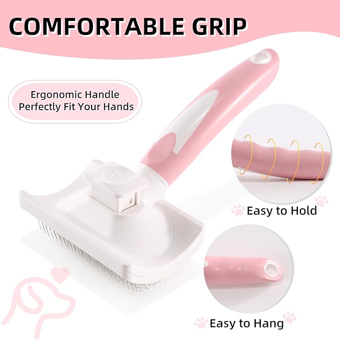 Dog Self-Cleaning Slicker Brush with One Button Fur Removal and Coated Tips Deshedding Brush for Medium or Long Hair Dogs Pink
