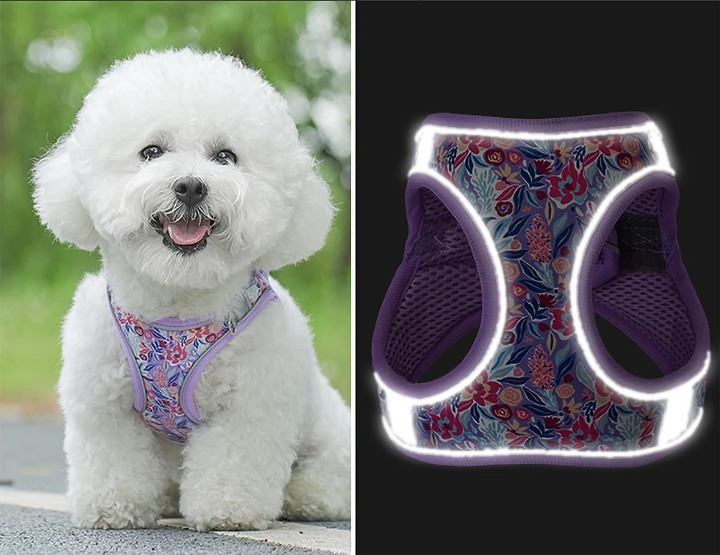KocaPlye Small Dog Harness Purple Flowers No Pull Reflective Step in Vest Harness Mesh Padded Soft Harness for Small Medium Dogs Cats