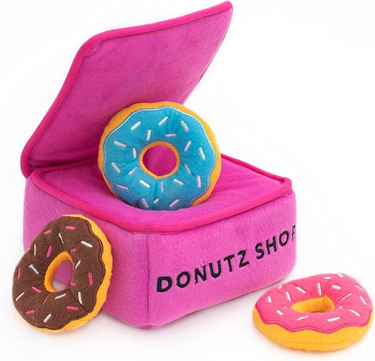 ZippyPaws Burrow- Interactive Dog & Puppy Toys for Boredom, Stimulating Pet Products to Keep Them Busy, Hide & Seek Plush Dog Puzzle, Enrichment Squeaky Toy, for Small & Medium Dogs- Donutz Box