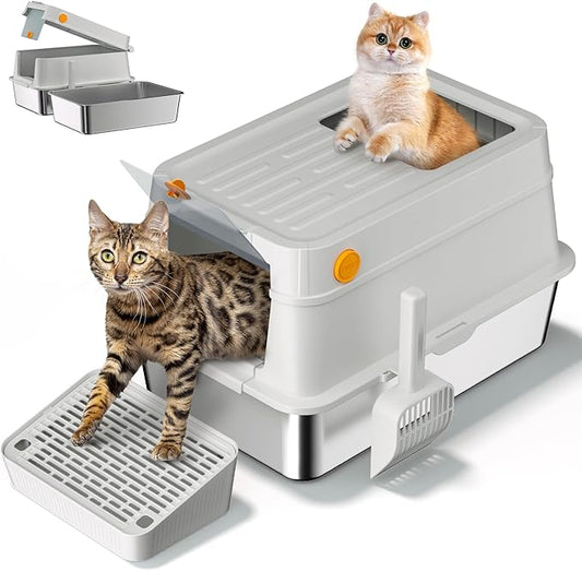 XL Stainless Steel Cat Litter Box with Easy-Open Lid, AOTRUTII Enclosed Metal Litter Box for Big Cats, Front Entry & Top Exit, High Sided, Anti-Leak, Non-Stick, Easy to Clean, Includes Scoop