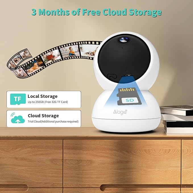Alaga Indoor Security Camera 3K,AI Human Pet Motion Detection for Home Security, Pet Monitoring, Night Vision, 2-Way Audio,Compatible with Alexa & Google Assistant,Free 32G TF Card