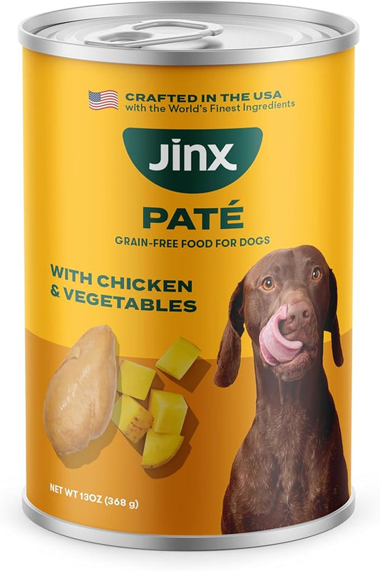 Jinx Premium Wet Dog Food Cans - Chicken & Vegetables Pate - Grain-Free Canned Dog Food Pate & Topper with Real Ingredients & No Fillers - All Life Stages, Breeds & Sizes - 12-Pack, 13 Oz