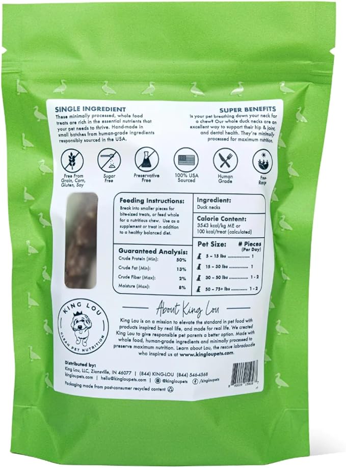 King Lou Pets - Whole Duck Necks for Dogs and Cats - Single Ingredient Dog Treat - Dehydrated Cat Treats - USA-Made Dog and Cat Treats - Supports Hip and Joint Health - 5 Count
