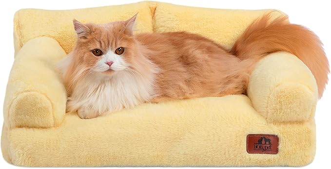 Hollypet Fluffy Plush Dog Cat Pet Couch Soft Calming Sofa Bed for Medium Small Cats and Dogs, Yellow