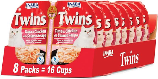 INABA Twins for Cats, Side Dish/Topper Cups, 1.23 Ounces per Serving, 16 Servings, Tuna & Chicken with Salmon Recipe