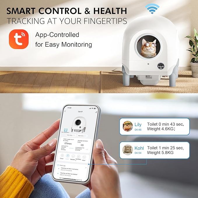 Self Cleaning Cat Litter Box, 68L/9L Large Capacity for Multiple Cats, Smart App Control No Scooping,Automatic Cat Litter Box Includes Garbage Bag (White)