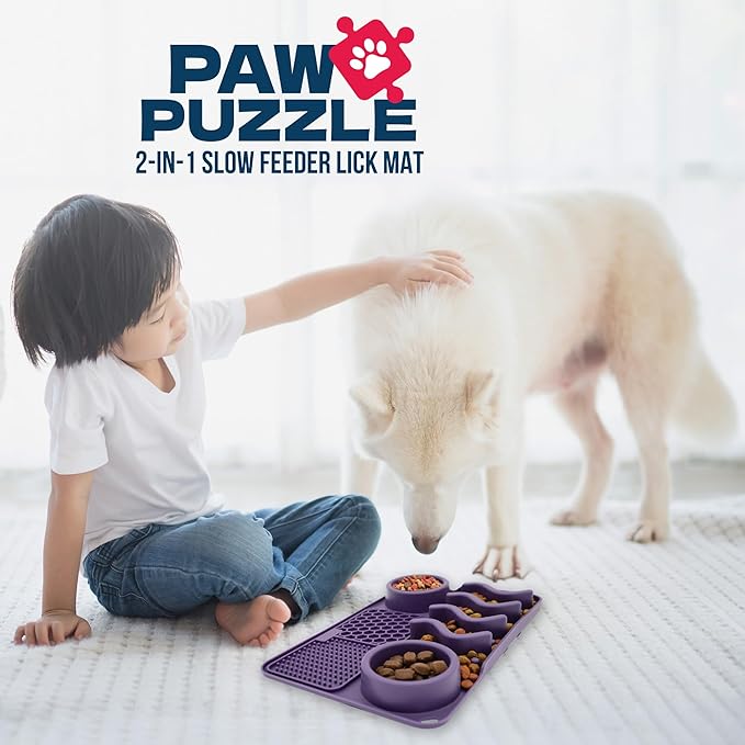 Palz&Co Paw Puzzle 2-in-1 Slow Feeder & Lick Mat for Dogs and Cats, Dry and Wet Food, Dishwasher Safe Silicone, Medium 12"x8", Purple