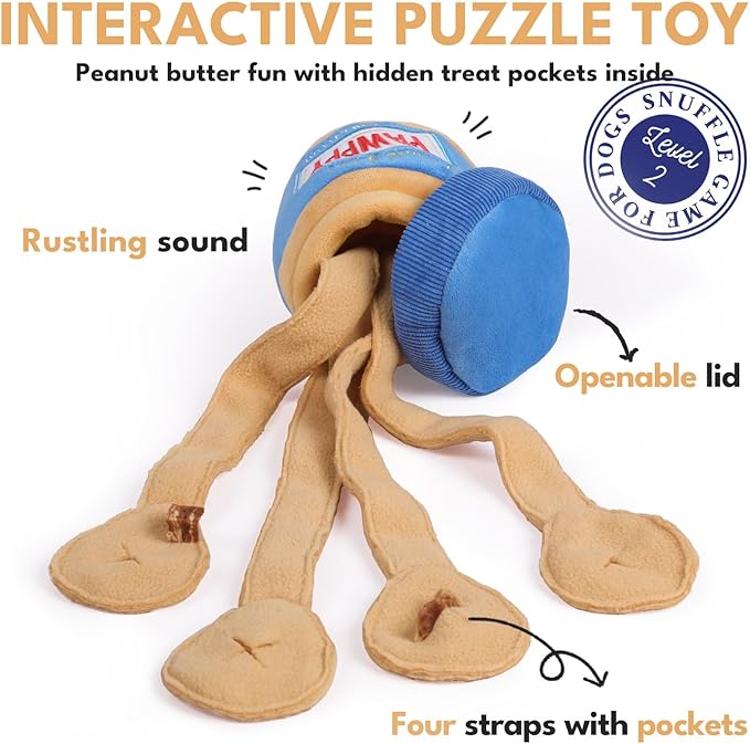 Interactive Dog Enrichment Toy, Cute Crinkle&Snuffle Puppy Toys, Hide & Seek Puzzles, Peanut Butter Jar Toys for Brain Stimulation, for All Dog Sizes