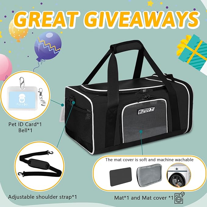 Petskd Pet Carrier 17x12x8.5 JetBlue Allegiant Airline Approved,Pet Travel Carrier Bag for Small Cats and Dogs, Soft Dog Carrier for 1-8 LBS Pets,Dog Cat Carrier with Safety Lock Zipper(Black)